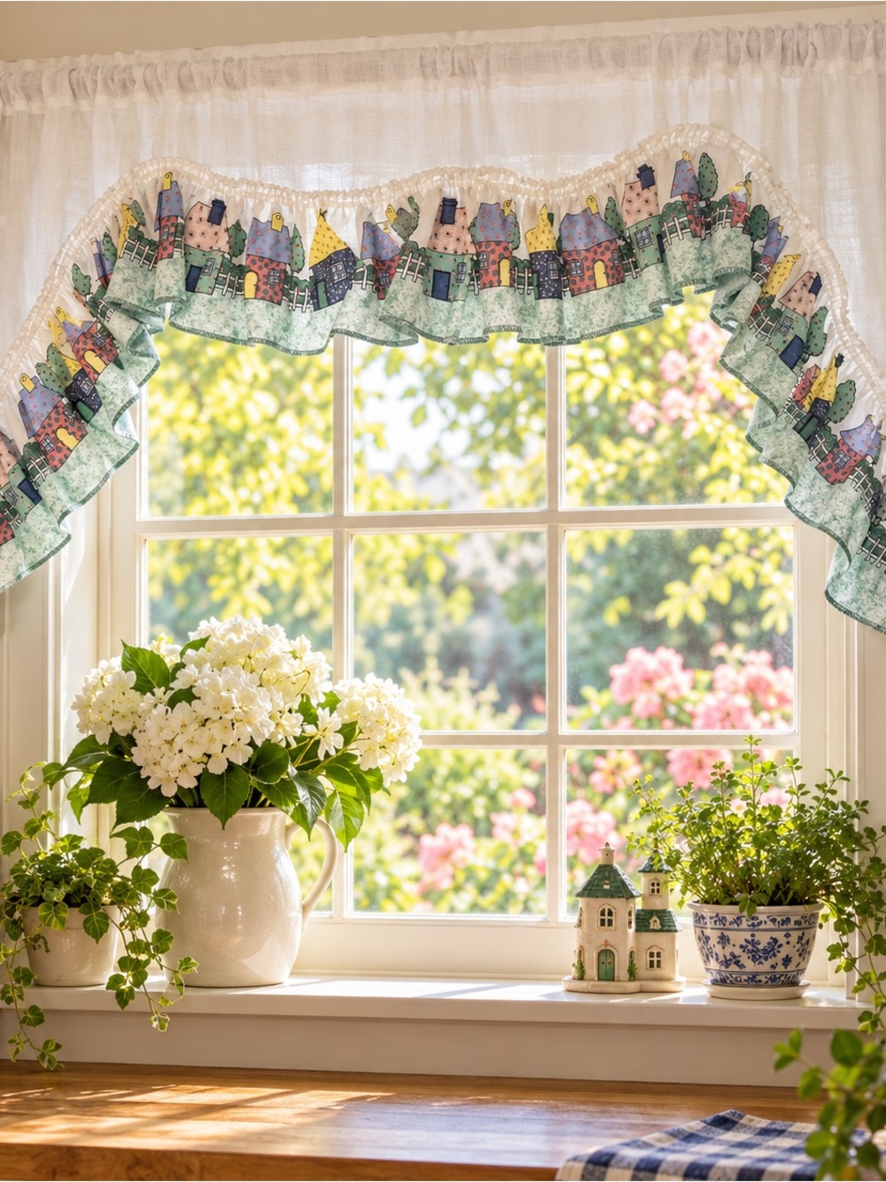 Vintage Cottage Village Ruffled Window Valance 58x34